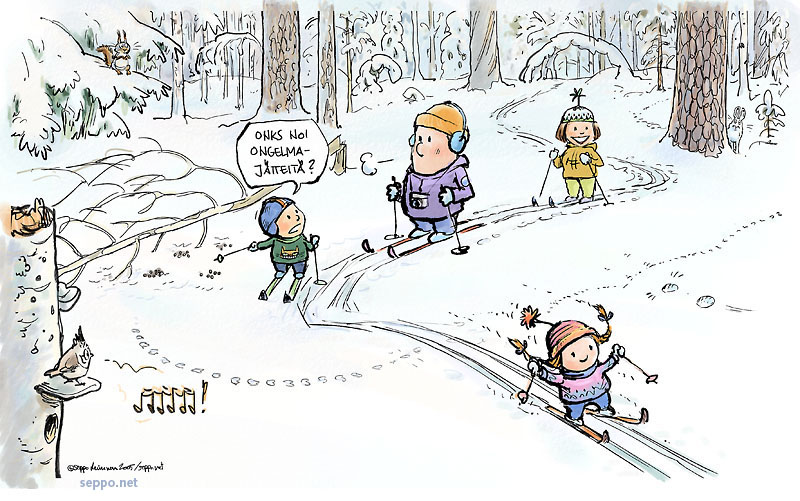 Perhe hiihtää metsässä