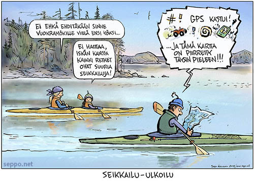  Perhe kajakkiretkeilee, keywords:
 perhe retki kajakki melonta melominen retkeily ulkoilu seikkailu GPS kartta suunnistus Suomen latu pilapiirros