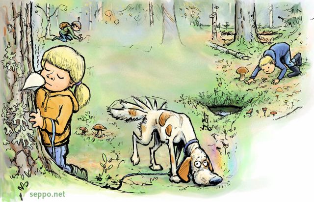  Hajut luonnossa - metsän tuoksut, keywords:
 metsä tuoksu haju aisti kääpä koira retki pilapiirros
