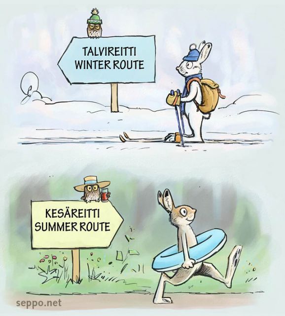  Luontopolku kesällä ja talvella, keywords:
 luontopolku ulkoilureitti retkeilyreitti reittiopaste kyltti viitta polku latu metsä jänis ulkoilija retkeilijä hiihtäjä uimarengas varpuspöllö Lepus timidus pilapiirros