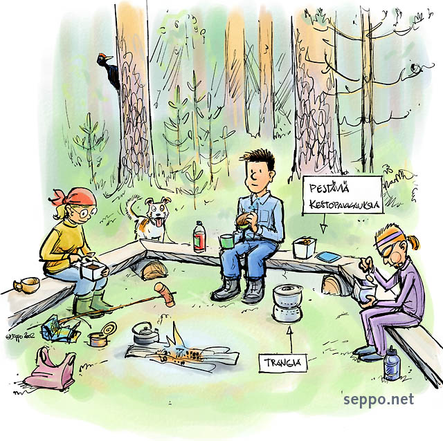  Retkeilijät nuotiolla, keywords:
 retki retkeilijä nuotio metsä eväät ruoka kestopakkaus tauko makkara kahvi trangia koira palokärki pilapiirros