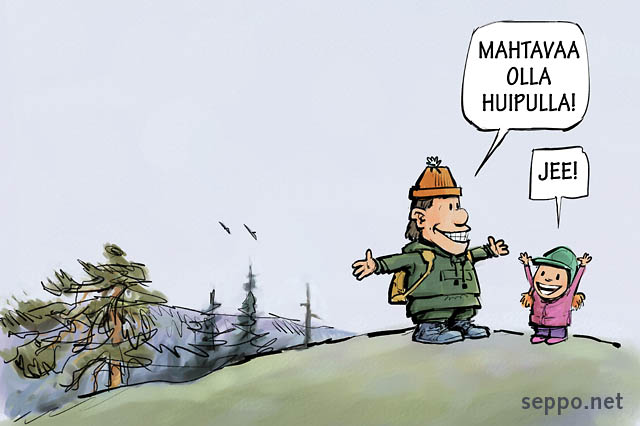  Retkeilijät huipulla, keywords:
 retkeilijät retki mäki vuori kukkula huippu isä lapsi pilapiirros