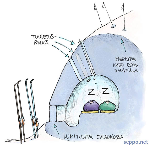  Lumiluola – talvimajoite, keywords:
 talviretkeily retkeilijät yöpyminen hiihtoretki sukset lumiluola suoja majoittuminen majoite nukkuminen pilapiirros