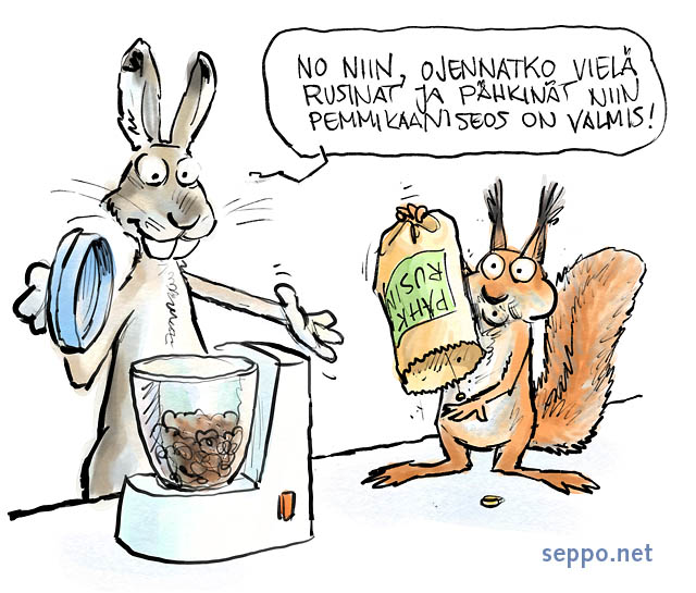  Pemmikaani – perinteinen retkiruoka , keywords:
 retkiruoka vaellusruoka matkaeväs eväät pemmikaani granola jänis orava Lepus timidus Sciurus vulgaris pilapiirros