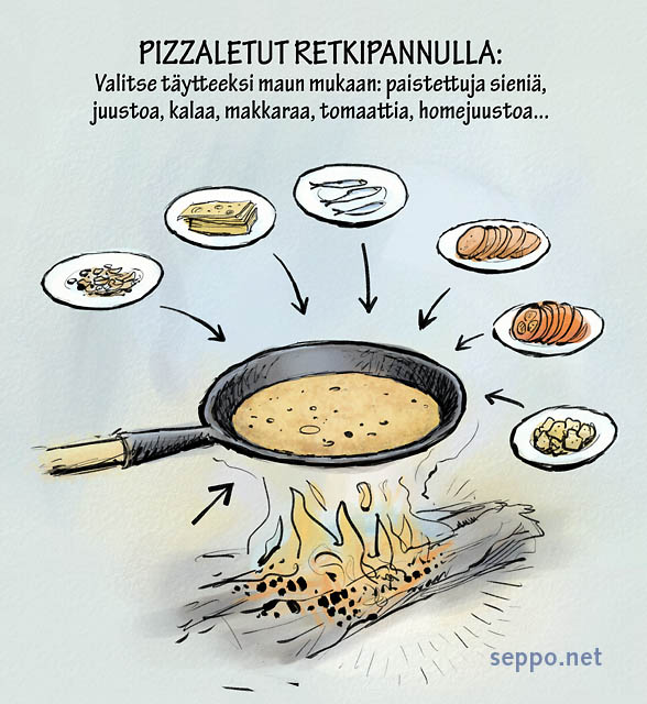  Pizzaletut retkipannulla, keywords:
 retkiruoka retkieväs paistinpannu nuotio avotuli pizza lettu täytteet täyte piirros