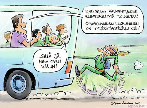 Valmentaja liikkuu ympäristöystävällisesti, keywords:
 jalkapallo palloilu urheilu juniorityö junnut valmentaja omavoimainen liikkuminen liikenne ilmasto ympäristöystävällinen ympäristöä säästävä bussi piirros pilapiirros