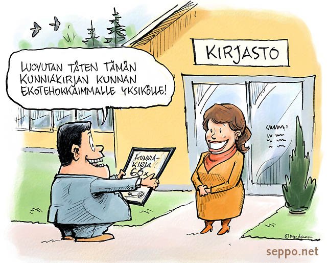  Kirjasto - ekotehokas palvelu, keywords:
 kirjasto ekotehokkuus ekotehokas ympäristöä säästävä lukukerta lukeminen tehokas luonnonvarojen säästö yhteiskäyttö lainaus kunniakirja kirjastonhoitaja kunnanjohtaja pilapiirros