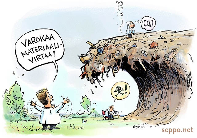  Ympäristötutkijat ongelmien kimpussa, keywords:
 materiaalivirta jätevirta luonnonvarat luonnonvarojen kulutus varoitus ympäristöongelma myrkky hiilipäästö hiilidioksidi ympäristövaikutus ilmastonmuutos tutkimus pilapiirros