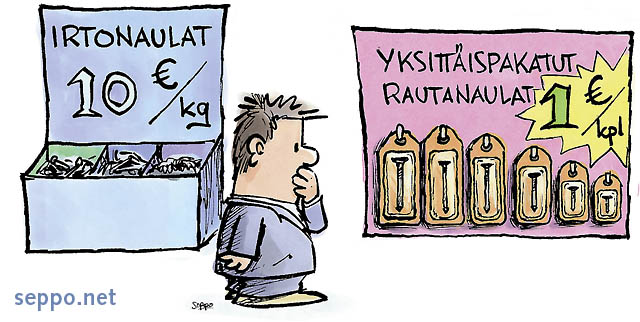  Irtomyynti ja yksittäispakkaus, keywords:
 ekotehokkuus tehokas ympäristöä säästävä pakkaaminen irtomyynti yksittäispakkaus hintaero kuluttaja valinta pilapiirros