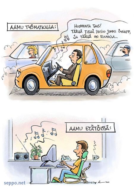  Aamu työmatkalla ja etätöissä, keywords:
 ekotehokkuus tehokas ympäristöä säästävä etätyö työmatka aamu automatka liikenne ruuhka pakokaasu tietokone työympäristö pilapiirros