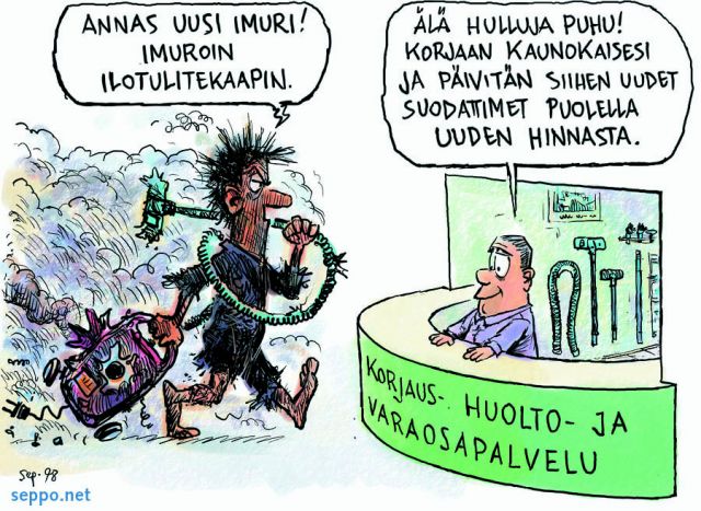  Korjauspalvelu säästää luontoa ja hermoja, keywords:
 ekotehokkuus ekotehokas ympäristöä säästävä korjauspalvelu luonnonvarojen säästö huolto varaosapalvelu kodinkone rikki rikkoutunut risa pölynimuri päivitys suodattimet kuluttaja asiakaspalvelija työpaja pilapiirros