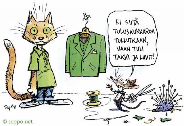  Ekotehokas räätäli, keywords:
 ekotehokkuus ekotehokas ympäristöä säästävä räätäli ompelija hiiri kissa takki tuluskukkaro käsityö luonnonvarojen säästö pilapiirros