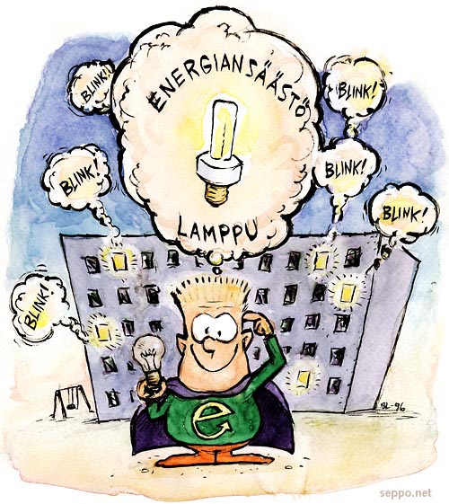  Ekomies - energiansäästölamppu, keywords:
 energiansäästö energiansäästölamppu hehkulamppu idea säästövinkki ilmastonmuutos kestävä kehitys piirros pilapiirros