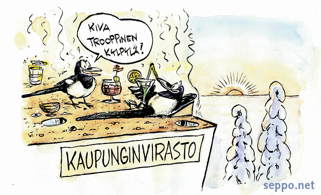  Lämpöä harakoille – virastotalo vuotaa energiaa, keywords:
 energiankulutus tuhlaus lämmitysenergia lämpövuoto rakennus virastotalo lämmöneristys harakka harakat kylpylä Pica pica pilapiirros