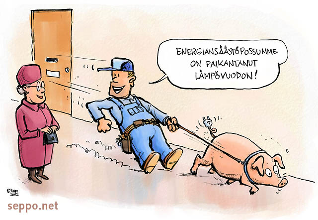  Energiansäästöpossu paikansi lämpövuodon, keywords:
 ekotehokkuus tehokas ympäristöä säästävä mips kiinteistönhoito kerrostalo rappukäytävä asukas huoltomies asuminen luonnonvarojen kulutus energiankulutus säästö lämpövuoto kartoitus possu pilapiirros
