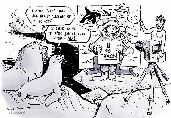  Exxon Valdes ja Alaskan ljytuho, keywords:
 Exxon Valdes Alaska ljyonnettomuus ljy pst tankkeri viherpesu mainos oil spill cleaning act ad greenwash public relations sea lion killer whale orca Indigenous people