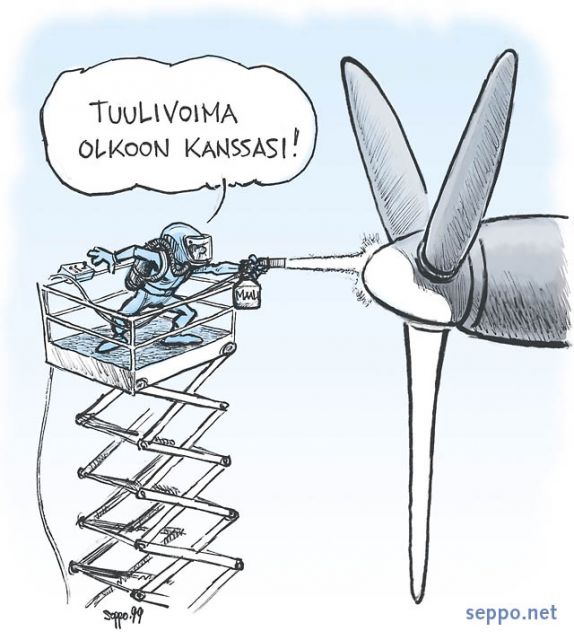  Tuulivoima olkoon kanssasi, keywords:
 tuulivoima voimala roottori tuuliturbiini maali maalaus maalaaja Star Wars Tähtien Sota voima olkoon kanssasi nosturi saksilava pilapiirros