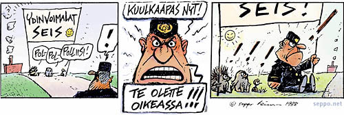  Ydinvoima - mielenosoittajat ja poliisi, keywords:
 ydinvoima mielenosoittaja mielenosoitus poliisi energia atomivoima ydinvoimala uraani pilapiirros