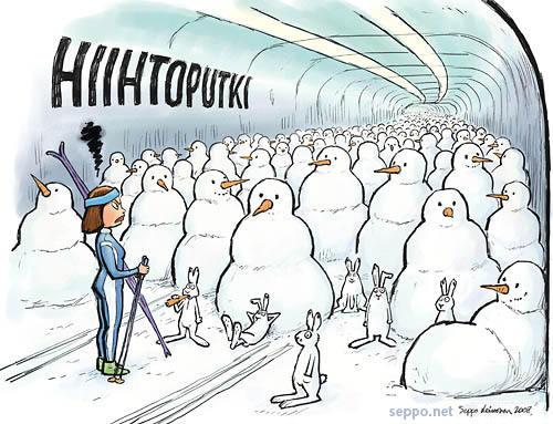 llmastonmuutos - jänikset ja lumiukot hiihtoputkessa
