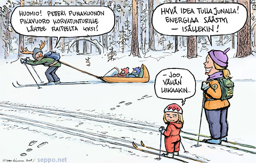 Perhe säästää ilmastoa ja menee junalla hiihtämään