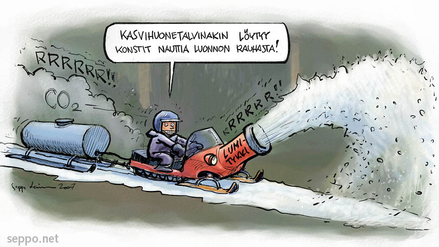  Moottorikelkkailija, lumitykki ja kasvihuonetalvi, keywords:
 moottorikelkka moottorikelkkailija lumitykki ilmasto kasvihuoneilmiö kasvihuonetalvi lumi luonto luonnonrauha pilapiirros
