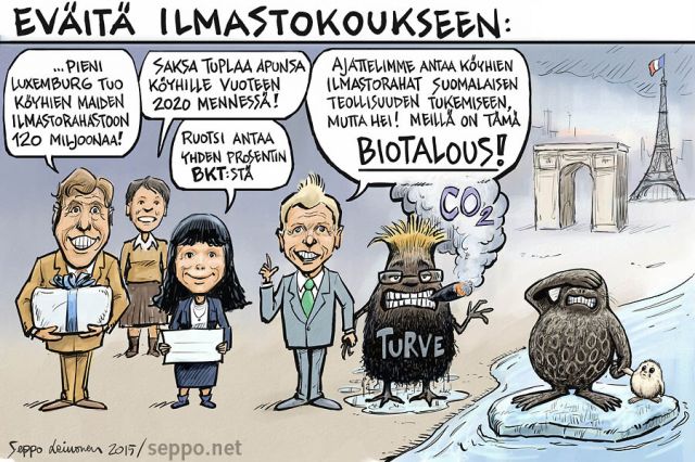 Suomi ja Pariisin ympäristökokous, keywords:
 ilmasto Suomi ympäristökokous tavoitteet köyhien maiden ilmastorahasto päästökauppa Ruotsi Luxemburg Saksa ympäristöministeri Kimmo Tiilikainen biotalous turve päästöt norppa pilapiirros