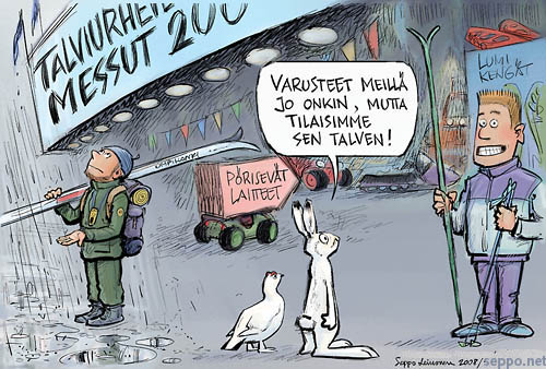  Talviurheilun tulevaisuus, keywords:
 talviurheilu talviliikunta liikunta ulkoilu talvi välineet ilmastonmuutos kasvihuoneilmiö lumi jänis riekko hiihtäjä mönkijä moottorikelkka messut pilapiirros