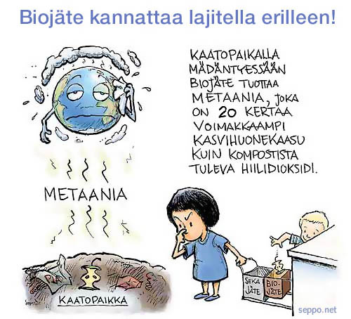  Biojäte kannattaa lajitella, keywords:
 biojäte kompostointi erilliskeräys biokaasu metaani kaatopaikka bioenergia ilmasto jäte pilapiirros