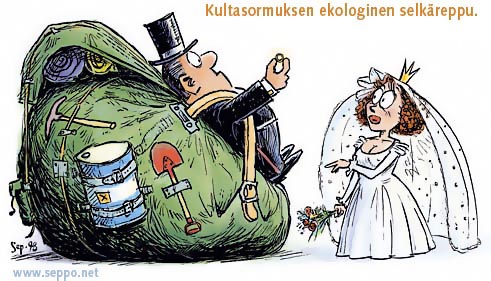  Ekologinen selkäreppu, keywords:
 Ekologinen selkäreppu kultasormus vihkisormus sormus materiaalitehokkuus jäte kaivosjäte kulta piirros pilapiirros