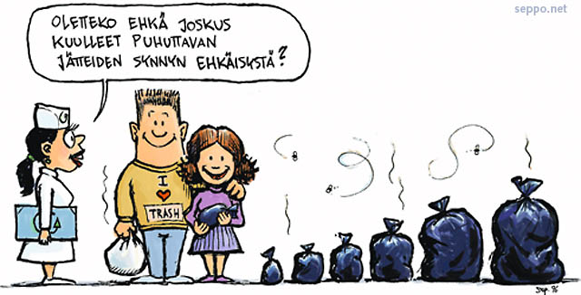  Jätteen synnyn ehkäisy, keywords:
 jäte synty ehkäisy vähentäminen jätesäkki jätehuolto synnyn jäteneuvonta neuvonta pilapiirros