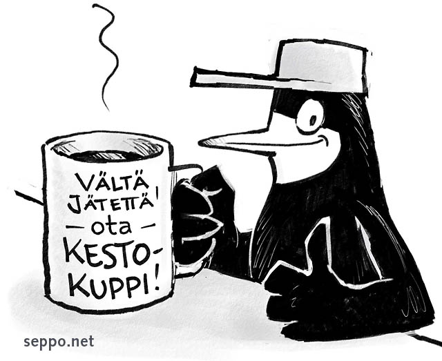  Jätevaakku ja kestokuppi, keywords:
 jätevaakku jätehuolto jätteen vähentäminen kestotuote kestokuppi pilapiirros