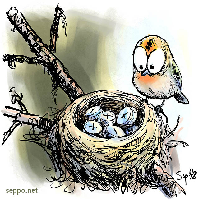  Hippiäinen ja nappiparistot, keywords:
 hippiäinen lintu pikkulintu pesä nappiparisto patteri raskasmetalli ympäristömyrkky Regulus regulus pilapiirros