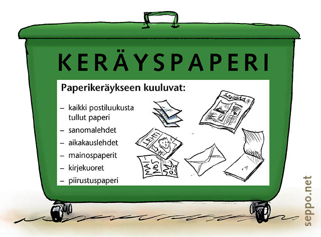  Paperinkeräysastia ja lajitteluohje, keywords:
 paperinkeräys kierrätys jätehuolto keräysastia säiliö lajitteluohje opaste pilapiirros
