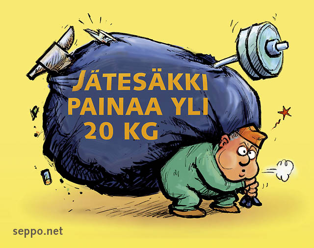  Liian raskas jätesäkki, keywords:
 jäte jätesäkki jätehuolto raskas rasitus roskakuski jätekuski ympäristöhuolto ongelma haitta pilapiirros