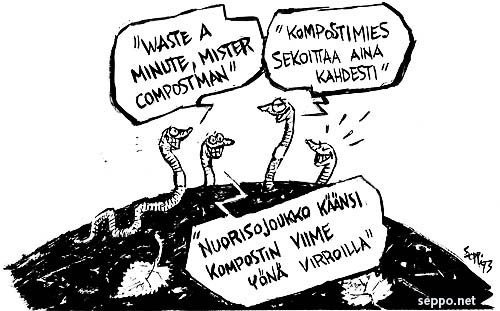  Matokompostori - matohuumoria, keywords:
 komposti kompostiliero matokomposti matokompostori huumori jäte biojäte hyötykäyttö pilapiirros