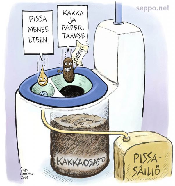  Kurki suo ja nostokurki, keywords:
 virtsa pissa kakka uloste kierrätys ravinteet typpi fosfori ruoka kestävä viljely kompostikäymälä kuivakäymälä huussi lajittelu piirros