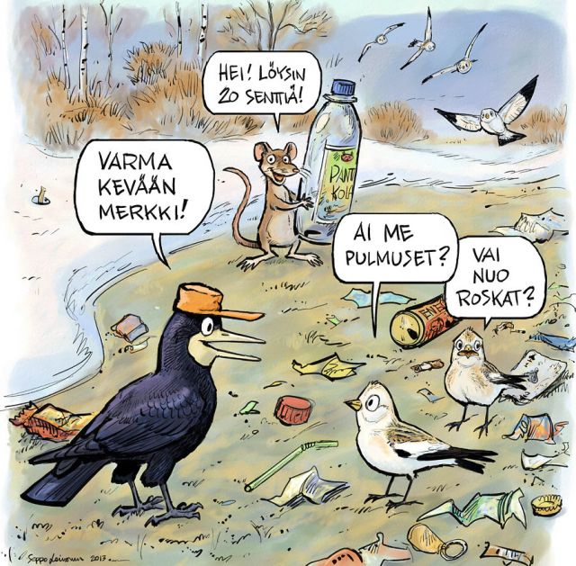  Roskaantuminen - kevään merkki, keywords:
 roskaantuminen jäte roska kevät mustavaris pulmunen rotta Corvus frugilegus Plectrophenax nivalis Rattus rattus luonto roskaton pilapiirros