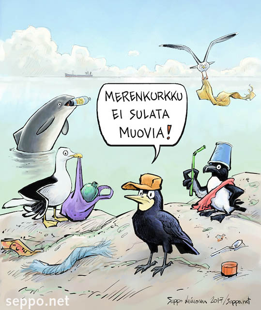  Merenkurkku ei sulata muovia, keywords:
 meri Itämeri muovi muoviroska mikromuovi roskaaminen roska kertakäyttö öljy pyöriäinen selkälokki mustavaris harmaalokki ruokki piirros