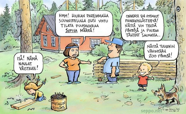  Remontti - puutavaran kierrätys, keywords:
 ekoteko luonnonvarojen säästö perhe eko pilapiirros kesä talo remontti puutavara kierrätys mökki