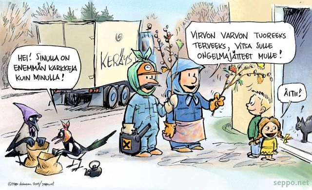  Ongelmajätekeräys - virpojat, keywords:
 jätehuolto ongelmajäte pilapiirros pääsiäinen virpominen keräys