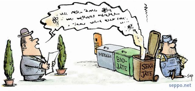  Roskapuhe - lajittelu jätepisteessä, keywords:
 juhlapuhe roskapuhe korulauseet jäte jätepiste lajittelu sekajäte ongelmajäte biojäte metalli säiliö roskakuski jätekuski jätehuolto talonmies pilapiirros