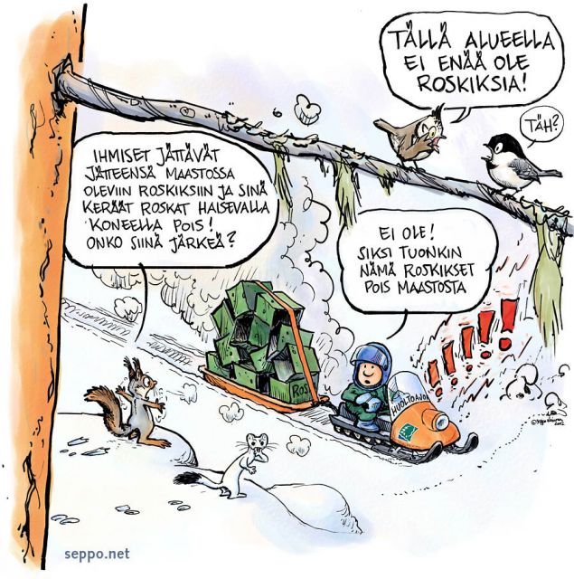  Roskaton retkeily, keywords:
 retkeily metsä Metsähallitus roskaton jäte roska luonto retkeily huoltoajo pilapiirros
