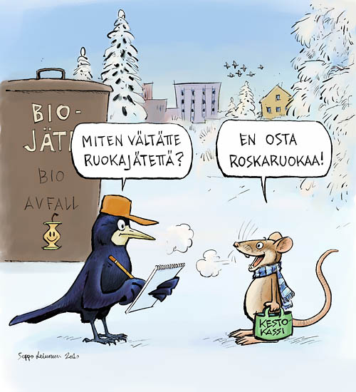  Ruokajätteen synnyn ehkäisy, keywords:
 jäte jätteen synnyn ehkäisy roska roskaruoka mustavaris rotta kestokassi komposti kompostointi jätehuolto biojäte pilapiirros