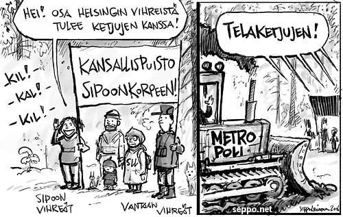  Sipoonkorpi kansallispuistoksi, keywords:
 Sipoonkorpi kansallispuisto Helsinki vihreät luonnonsuojeluliitto luontoliitto Sipoo Vantaa piirros pilapiirros Vihreä lanka