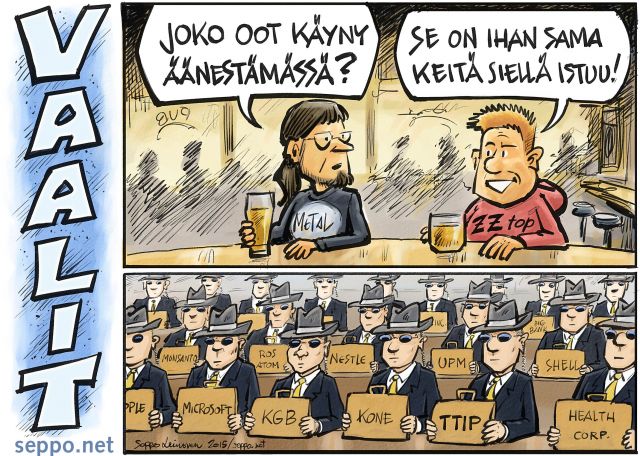  Vaalit – nukkuvien puolue, keywords:
 vaali vaalit nukkuva äänestäjä nukkuvien puolue kansanvalta demokratia yhtiövalta korporaatio suuryritys ttip sopimus pilapiirros