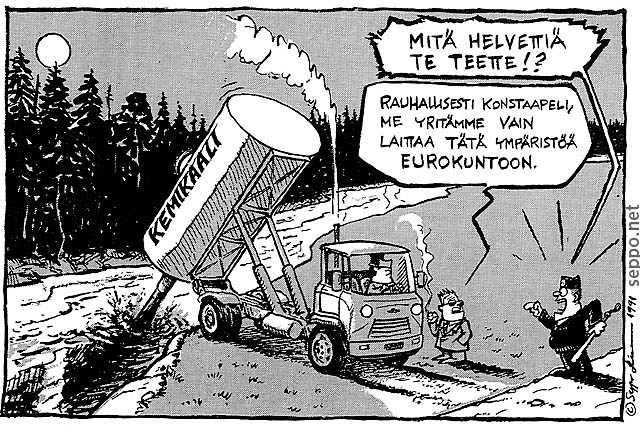 Kemikaalirekka dumppaa jätettä vesistöön, keywords:
 kemikaali jäte ympäristö luonto eurokunto ympäristörikos poliisi rekka säiliöauto kuutamo saastuttaminen myrkky pilapiirros
