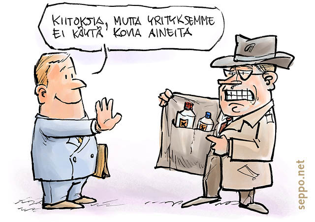  Pimeä pullo - ympäristömyrkkykauppias, keywords:
 kemikaali ympäristömyrkky puhdistusaine pesuaine yritys hankinta kauppias myyjä myynti pilapiirros