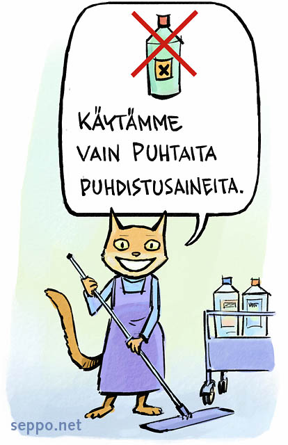  Puhdas siivous, keywords:
 kemikaalit siivous siivooja pesu siivous puhdistus aine varoitusmerkki ongelmajäte jätteet puhdistus kissa pilapiirros