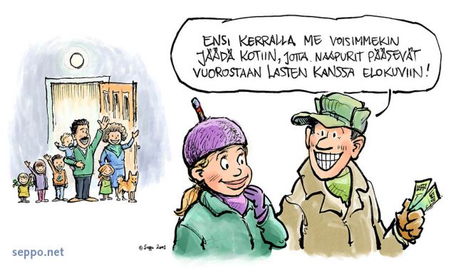  Palvelujen vaihto - naapuriapu, keywords:
 naapuriapu palvelu vaihto lapsi lapset lastenhoito vapaa-aika vapaa-ajan vietto pariskunta perhe-elm pilapiirros