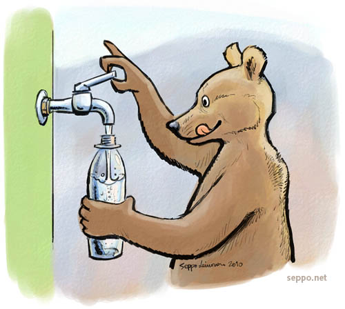  Hanavettä ennen kuin valmiiksi pullotettua kiitos!, keywords:
 vesi pullovesi hanavesi säästö karhu piirros